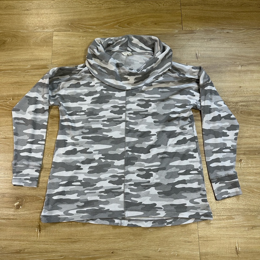 Lucky Brand Sweater Womens XL Gray White Camo Waffle Knit Thermal Cowl Neck